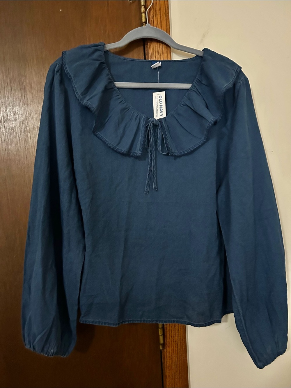Old Navy Navy Ruffle Collar Long Sleeve Top